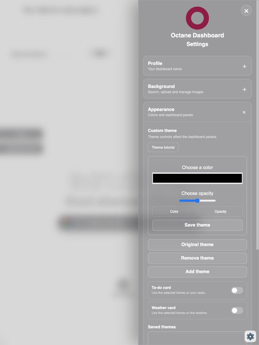 Octane Appearance settings showing custom theme controls