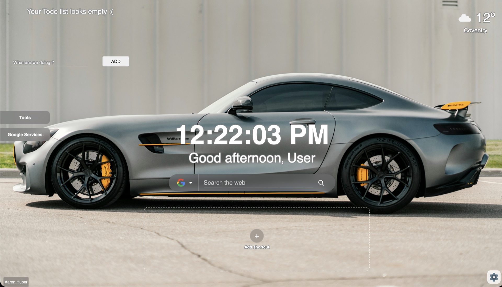 Octane dashboard with a personal background, search, weather and shortcuts