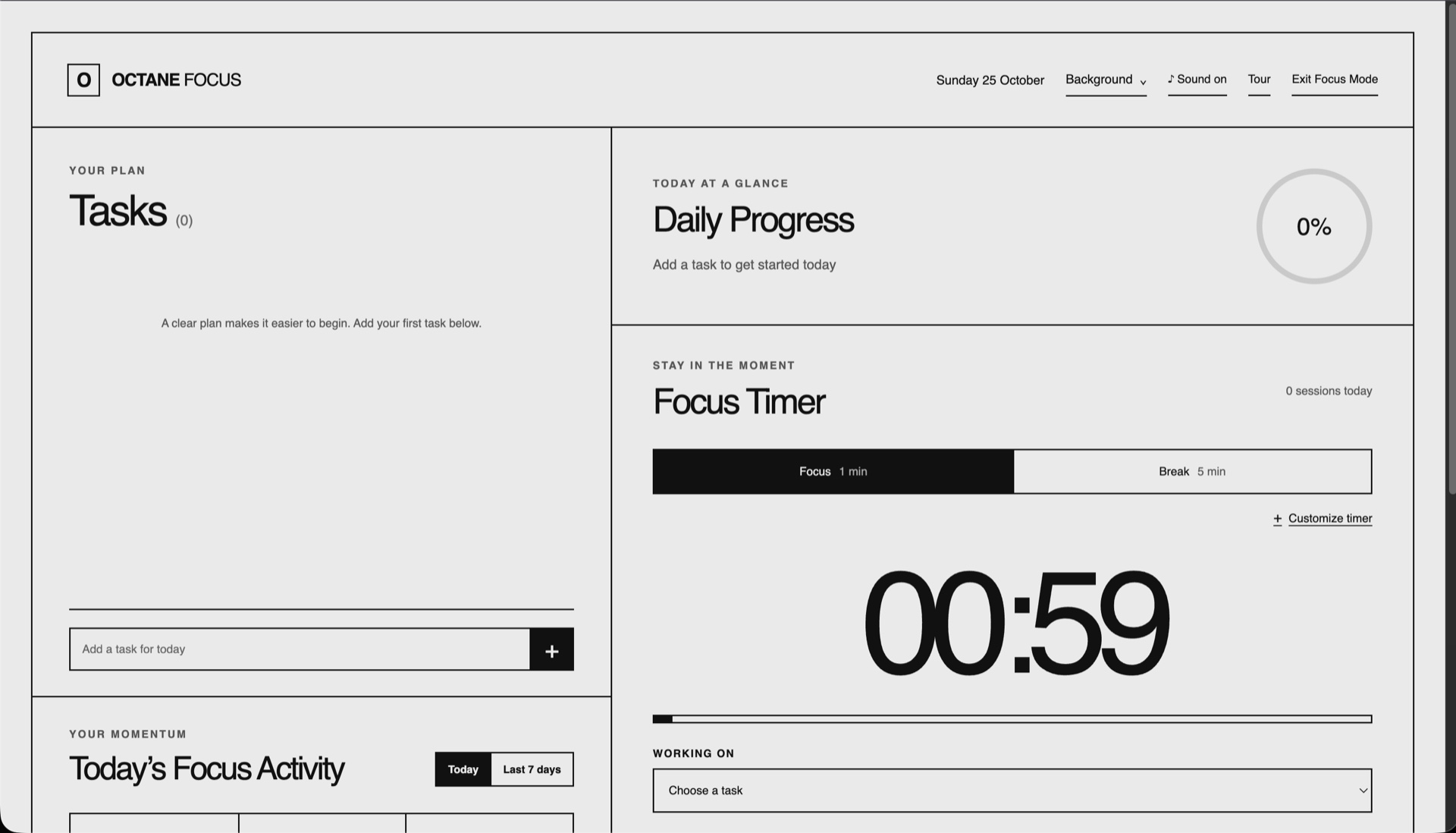 Octane Focus Mode with task list, timer and daily progress