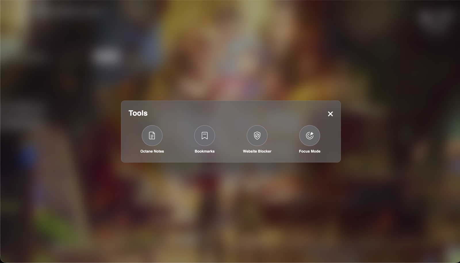 Octane tools menu with Notes, Bookmarks, Website Blocker and Focus Mode